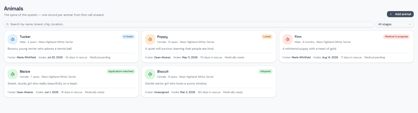 Animals list in Rescue Management Hub showing each animal's stage, foster, and intake date